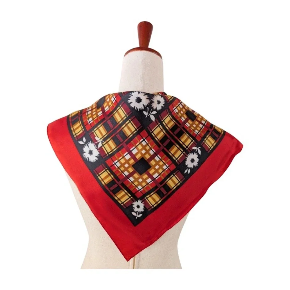 Glentex Vintage 70s Acetate Scarf Red‎ Plaid Daisy Print 23" Square Scarf - Picture 2 of 6